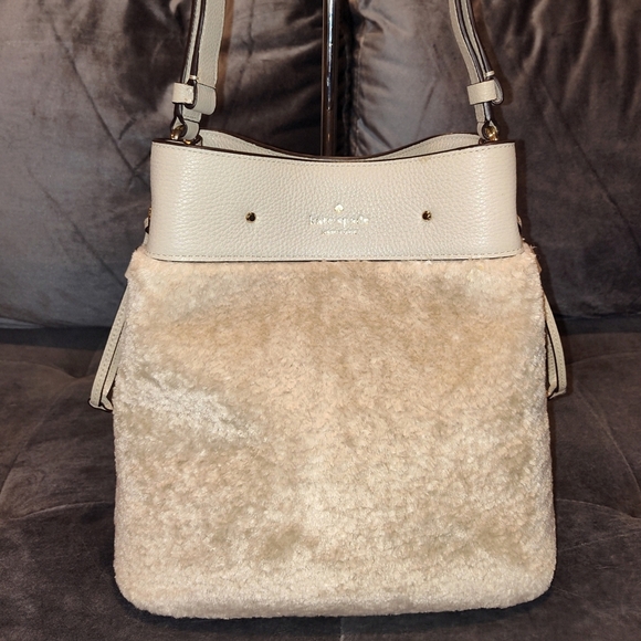 KATE SPADE MARTI MIXED DRAW-STRING BUCKET BAG BLUSH LEATHER & PLUSH FAUX FUR EUC - Picture 4 of 13